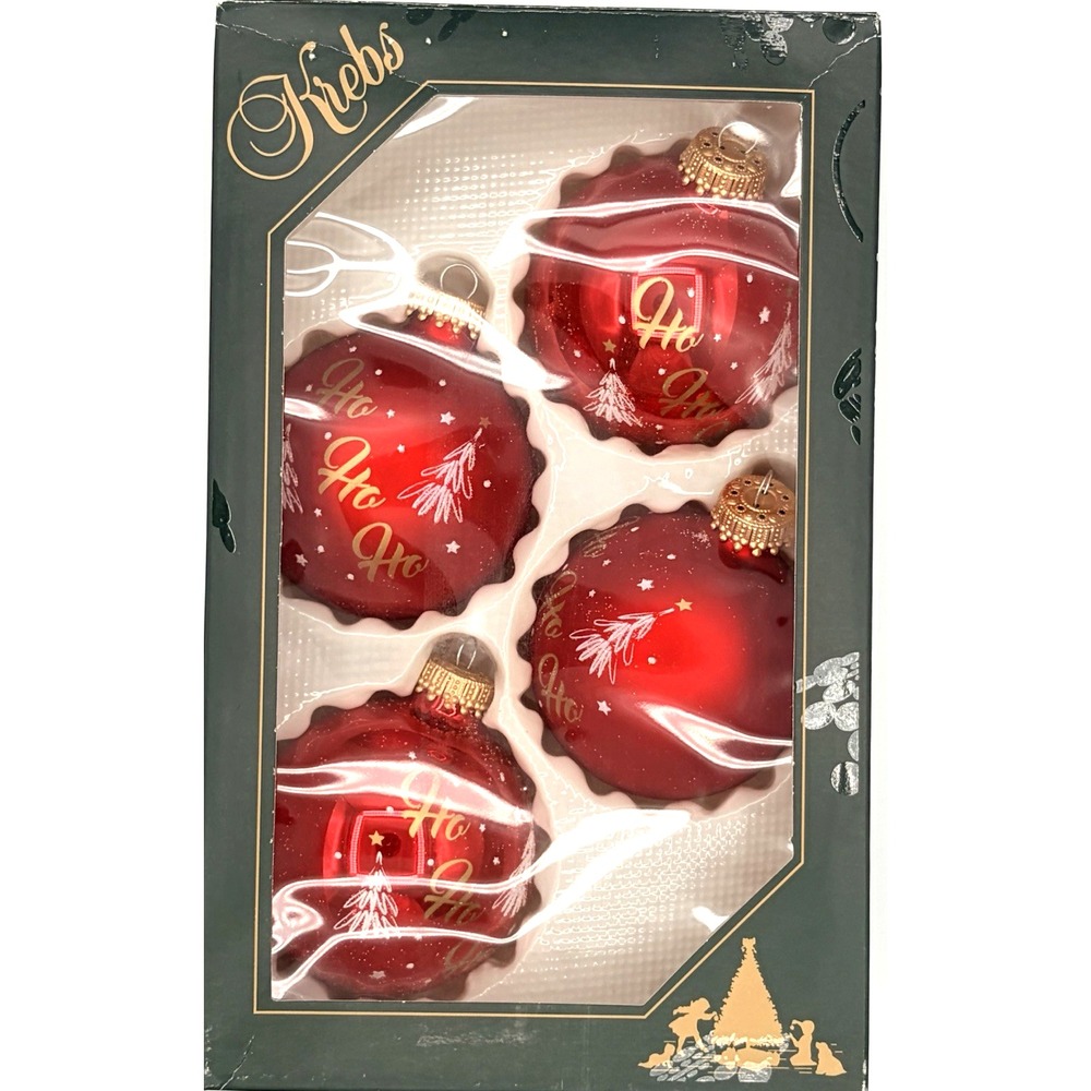 Vintage Christmas By Kreb  Red W/ gold writing-HO, HO,HO 4 pack ornaments